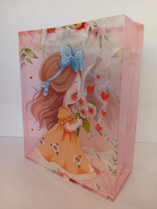 Shoping Bag طرحدار طلقی با طرح دختر دسته پانچی با جنس ارگانزا 22*18*7 cm