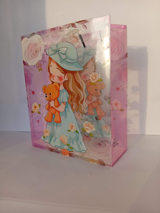 Shoping Bag طرحدار طلقی با طرح دختر دسته پانچی با جنس ارگانزا 22*18*7 cm
