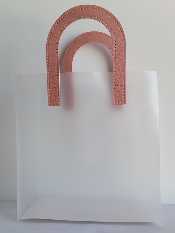 پاکت شفاف هدیه دسته چرمی دوخت شده22*21*11 cm دسته گلبهی