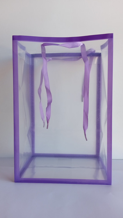 شاپینگ بگ شفاف دسته پانچی بند روبانی ابعاد 20*16*30 cm یاسی